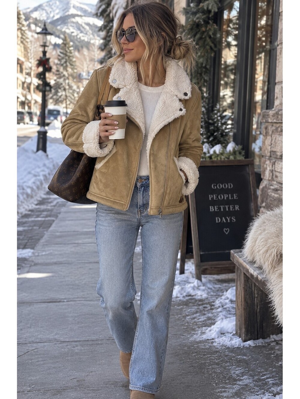Roxy Women’s M Tan Faux Suede Sherpa Lined Moto Jacket Shearling Winter Coat